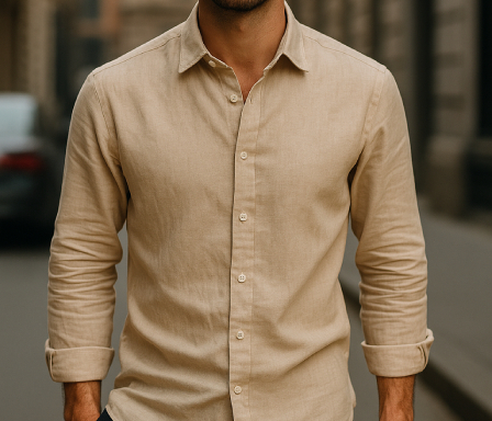 Homem vestindo camisa de linho bege, representando a moda masculina sustentável em 2025.